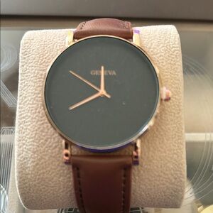 Geneva Black Dial with Brown Leather Watch